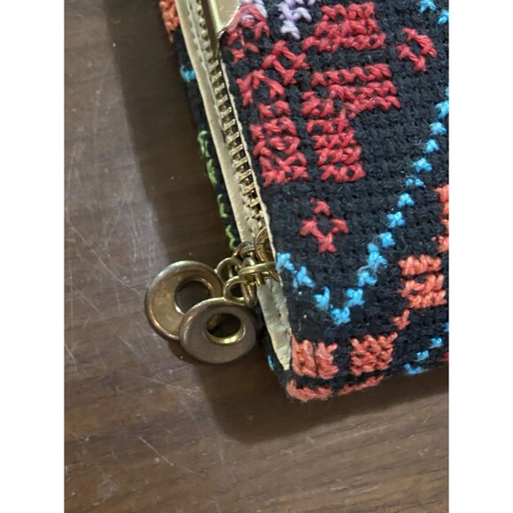 Vintage-Style Geometric Embroidered Folk Art Wallet Clutch Dividers Gold Rim - Picture 6 of 11